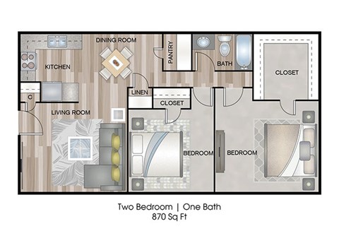 A floor plan of a 870 square foot apartment with two bedrooms and one bath.